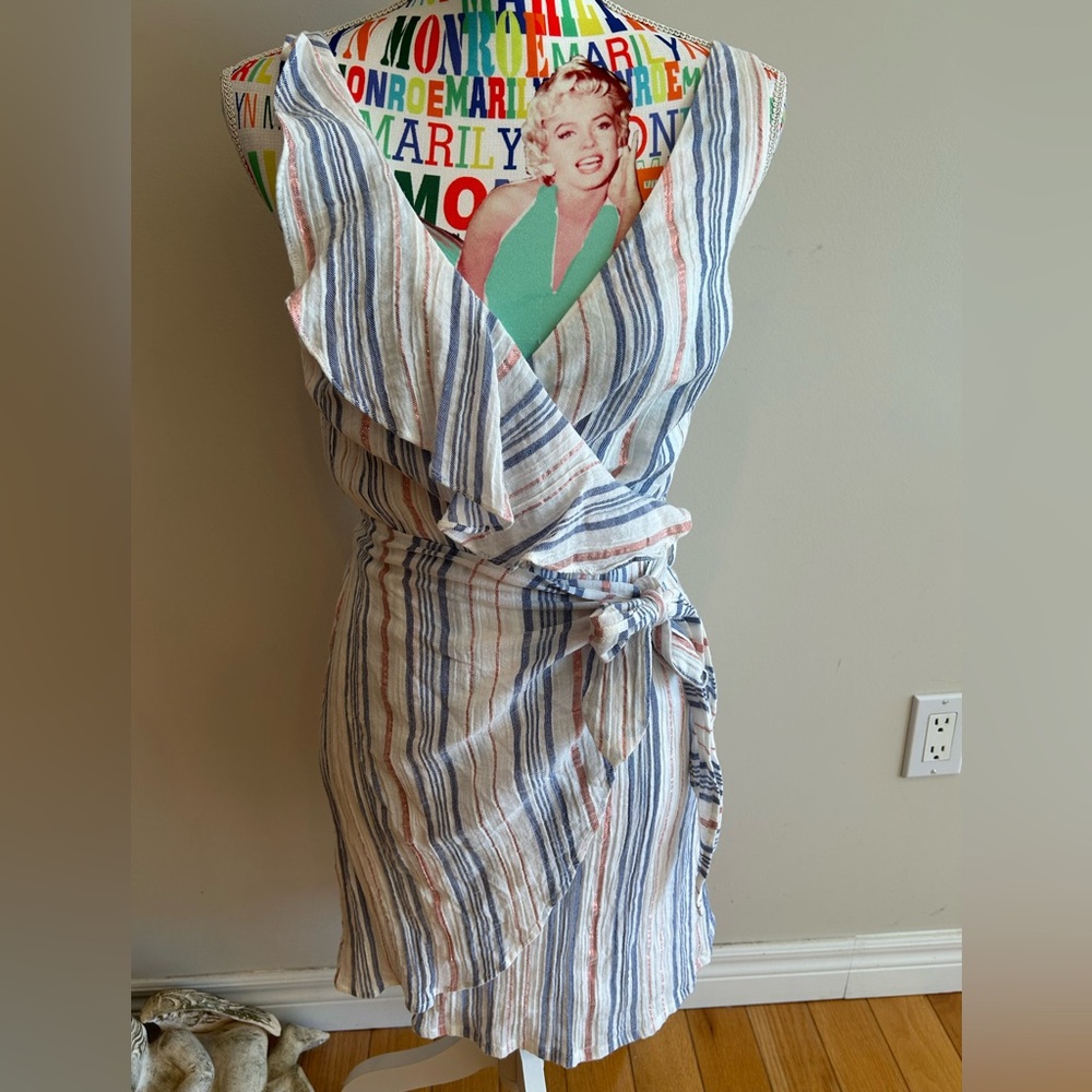 Guess White Faux Wrap Dress with Rose Gold Metallic and Blue Stripes